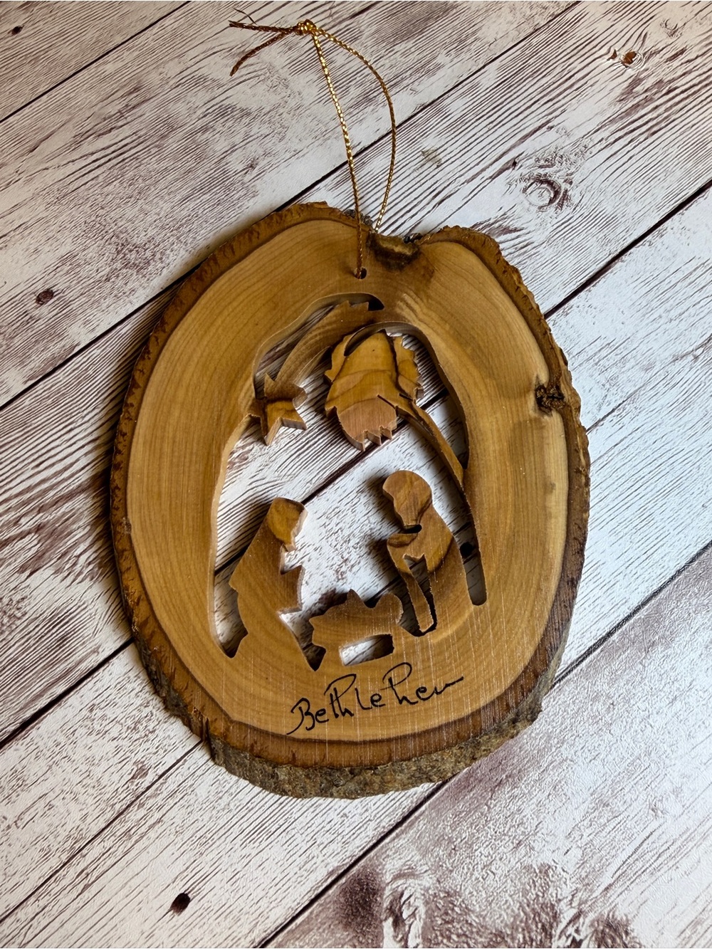 Handcrafted Wooden Nativity Ornament - Natural Brown